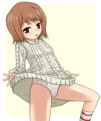 Rule 34 | 1girl, :p, aran sweater, blush, brown eyes, brown hair, cable knit, cameltoe, clothes lift, donoteat, kinuhata saiai, panties, shirt lift, short hair, solo, source request, sweater, sweater lift, toaru majutsu no index, toaru majutsu no index: new testament, toaru majutsu no index: old testament, tongue, tongue out, underwear