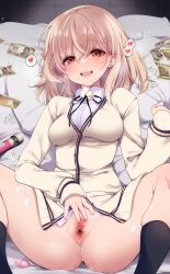 Rule 34 | 1girl, absurdres, banknote, bed sheet, black socks, blush, bottomless, breasts, brown eyes, cardigan, censored, clitoris, commentary request, condom, condom wrapper, egg vibrator, female focus, fujisaki hikari, full-face blush, grabbing, heart, highres, hinami (hinami 173chu), hitachi magic wand, impossible clothes, impossible shirt, indie virtual youtuber, kneehighs, light brown hair, long sleeves, looking at viewer, lying, m legs, medium breasts, medium hair, money, mosaic censoring, neck ribbon, on back, on bed, open mouth, presenting pussy, pussy, pussy juice, ribbon, school uniform, sex toy, sheet grab, shirt, socks, solo, spoken heart, spread legs, spread pussy, sweat, teeth, upper teeth only, used condom, very sweaty, vibrator, virtual youtuber, white shirt, yellow cardigan, yen