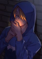Rule 34 | 1boy, against wall, alley, blonde hair, brick wall, cigarette, commentary request, hair over one eye, highres, hood, hoodie, lighting cigarette, long sleeves, male focus, one piece, sanji (one piece), short hair, sorase (srsrs 000)