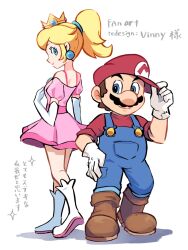 Rule 34 | 1boy, 1girl, back-to-back, blonde hair, blue eyes, brown hair, crown, dress, earrings, facial hair, full body, gloves, grin, hat, height difference, highres, jewelry, looking at another, looking back, mario, mario (series), mustache, nintendo, overalls, pink dress, ponytail, princess peach, smile, standing, super mario bros. 1, ya mari 6363