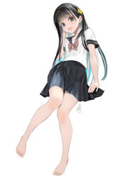 Rule 34 | 1girl, aqua hair, arm support, barefoot, black hair, black skirt, blunt bangs, blush, bow, bowtie, character request, colored inner hair, copyright request, eyelashes, full body, grey eyes, hair ornament, hand up, head tilt, highres, invisible chair, knees together feet apart, legs, long hair, miniskirt, multicolored hair, open mouth, pleated skirt, red bow, red bowtie, school uniform, shiny skin, shirt, short sleeves, sidelocks, signature, sitting, skirt, solo, thighs, toenails, toes, white shirt, yamahara