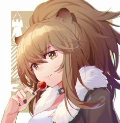 Rule 34 | 1girl, animal ears, arknights, black nails, blonde hair, blue shrimp, blush, brown eyes, candy, closed mouth, food, lion ears, lollipop, long hair, looking at viewer, nail polish, ponytail, siege (arknights), smile, solo, upper body
