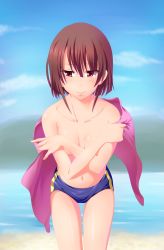 Rule 34 | 1girl, artist request, bad id, bad pixiv id, beach, blue male swimwear, blue swim briefs, brown hair, character request, collarbone, copyright request, covering privates, covering breasts, crossdressing, feet out of frame, female focus, flat chest, highres, looking at viewer, male swimwear, navel, ocean, outdoors, red eyes, shiny skin, short hair, solo, swim briefs, swimsuit, tearing up, tears, topless, towel