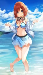 Rule 34 | 1girl, absurdres, bare shoulders, barefoot, bikini, bikini top only, blue bikini, blue eyes, blue skirt, blue sky, breasts, brown hair, cleavage, cloud, commentary request, day, go-toubun no hanayome, goggles, goggles around neck, groin, hands up, highres, jacket, kurokuro illust, long hair, long sleeves, looking at viewer, medium breasts, miniskirt, nakano miku, navel, off shoulder, open clothes, open jacket, outdoors, skirt, sky, smile, solo, standing, stomach, swimsuit, thighs, wading, water