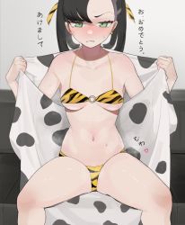 Rule 34 | 1girl, absurdres, animal print, asymmetrical bangs, bikini, black hair, blush, breasts, collarbone, couch, cow print, creatures (company), embarrassed, frown, game freak, gatchan, green eyes, hands up, highres, looking at viewer, marnie (pokemon), micro bikini, navel, nintendo, on couch, pokemon, pokemon swsh, robe, sitting, small breasts, solo, spread legs, stomach, striped bikini, striped clothes, swimsuit, tears, thighs, tiger print, tiger stripes, twintails, wavy mouth, yellow bikini