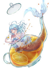 Rule 34 | 1girl, ;d, absurdres, aokocha, blue eyes, blue hair, cup, food, fruit, hand on own cheek, hand on own face, highres, holding, holding cup, juice, long hair, looking at viewer, mermaid, monster girl, one eye closed, open mouth, orange (fruit), orange juice, orange slice, original, partially submerged, simple background, smile, solo, teapot, white background