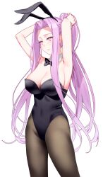 Rule 34 | 1girl, absurdres, adjusting hair, alternate costume, alternate hairstyle, animal ears, armpits, arms up, black bow, black leotard, black pantyhose, bow, bowtie, breasts, chip le cree, cleavage, commentary request, covered navel, detached collar, fake animal ears, fate/stay night, fate (series), highres, large breasts, leotard, long hair, looking away, medusa (fate), medusa (rider) (fate), pantyhose, parted bangs, pink eyes, pink hair, playboy bunny, ponytail, rabbit ears, sideboob, sidelocks, simple background, solo, strapless, strapless leotard, very long hair, white background