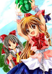 Rule 34 | 2girls, arms up, ascot, bamboo broom, belt, black hair, blue sky, bow, broom, brown eyes, chain, cloud, day, detached sleeves, female focus, food, fruit, hair bow, hair tubes, hakurei reimu, horn ornament, horn ribbon, horns, ibuki suika, imoko., lens flare, light smile, long hair, looking at another, looking away, multiple girls, open mouth, orange hair, ribbon, shirt, skirt, sky, sleeveless, sleeveless shirt, touhou, tree, very long hair, vest, watermelon, wrist cuffs