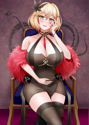 Rule 34 | 1girl, azur lane, bare shoulders, between breasts, black dress, black thighhighs, blonde hair, breasts, chair, cleavage, dress, feather boa, hair between eyes, hair ornament, halter dress, halterneck, hand on own cheek, hand on own face, highres, huge breasts, illustrious (azur lane), large breasts, looking at viewer, multicolored hair, official alternate costume, red hair, roon (viridescent lullaby) (azur lane), sai-go, short dress, short hair, sitting, sleeveless, sleeveless dress, solo, strap between breasts, streaked hair, thighhighs, thighs, tight clothes, tight dress, two-tone hair, yellow eyes