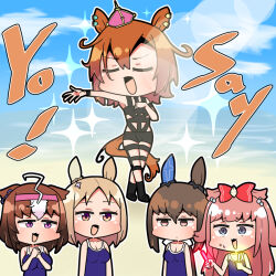 Rule 34 | 5girls, admire vega (umamusume), agnes digital (umamusume), ahoge, animal ears, bare shoulders, beach, blonde hair, bondage outfit, bow, breasts, brown eyes, brown hair, cleavage, closed eyes, collarbone, commentary, commission, competition school swimsuit, cosplay, crown, deformed, dual wielding, ear bow, ear covers, ear ornament, ear piercing, ear ribbon, glowing, glowstick, grey eyes, hair between eyes, hair bow, hair flaps, hairband, hand on own chest, holding, holding glowstick, horse ears, horse girl, horse tail, hot limit, jitome, light rays, long hair, low ponytail, medium breasts, medium hair, meisho doto (umamusume), mini crown, multiple girls, music, name connection, narita top road (umamusume), nishikawa takanori, nishikawa takanori (cosplay), open mouth, orange eyes, orange hair, outdoors, outline, outstretched hand, own hands together, parted bangs, piercing, pink hair, pink hairband, pixiv commission, purple eyes, red bow, sakai waka, school swimsuit, singing, single ear cover, sparkle, sunlight, sweatdrop, swimsuit, t.m. opera o (umamusume), t.m.revolution, tail, tilted headwear, two-tone eyes, two side up, umamusume, unamused, white bow, white hair