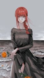 Rule 34 | 1girl, beach, black dress, chainsaw man, dress, flower, grey sky, hair over shoulder, highres, holding, holding flower, kamo (kamonegioisi), looking at viewer, makima (chainsaw man), medium hair, red flower, red hair, red rose, ringed eyes, rose, shore, side ponytail, sidelocks, sky, solo, water, yellow eyes