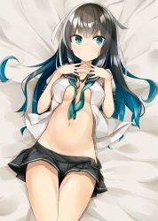 Rule 34 | 1girl, aqua neckerchief, arms at sides, black hair, black skirt, blouse, blush, breasts, closed mouth, dated, fingers together, green eyes, hand on own chest, hands up, hip focus, kafuka, kavka, long hair, looking at viewer, lying, medium breasts, miniskirt, navel, neckerchief, on back, original, pleated skirt, school uniform, serafuku, shirt, short sleeves, skirt, solo, stomach, thighs, untied, white shirt