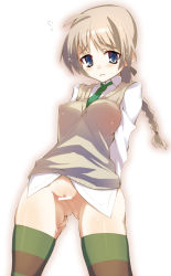 Rule 34 | 00s, 1girl, bad id, bad pixiv id, bar censor, blue eyes, bottomless, braid, breasts, censored, covered erect nipples, green necktie, large breasts, lynette bishop, necktie, no panties, oryo (oryo04), ponytail, pussy, single braid, socks, solo, strike witches, striped clothes, striped socks, striped thighhighs, thighhighs, world witches series
