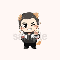 Rule 34 | 1boy, animal ears, bara, blush stickers, chibi, dog ears, drawn ears, drawn tail, grin, laughing, looking at viewer, male focus, one eye closed, original, rin9, sample watermark, smile, solo, tail, tail wagging, thick eyebrows, v, watermark