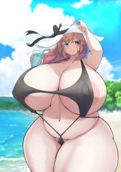 Rule 34 | 1girl, absurdres, beach, bikini, black bikini, black bow, blue eyes, bow, breasts, brown hais, cloud, cowboy shot, day, dot nose, forest, gigantic breasts, hat, hat bow, highres, huge areolae, looking to the side, multi-strapped bikini, nature, navel, nipple slip, nipples, ocean, original, outdoors, plump, sand, shiruhiya, sky, smile, solo, swimsuit, thick thighs, thighs, tree, ushime (shiruhiya), water, wide hips