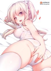 Rule 34 | 1girl, blush, colored eyelashes, covering crotch, covering privates, cowboy shot, donedone, foreshortening, from below, hair between eyes, hair ornament, heart, indoors, long hair, looking at viewer, lying, maplestory, mole, mole under eye, one-piece swimsuit, open mouth, orchid (maplestory), purple eyes, rabbit hair ornament, school swimsuit, see-through, silver hair, solo, spoken heart, swimsuit, thighhighs, thighs, twintails, watermark, web address, white one-piece swimsuit, white school swimsuit, white thighhighs