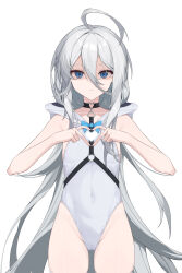 Rule 34 | 1girl, absurdres, ahoge, blue eyes, closed mouth, covered navel, cowboy shot, expressionless, flat chest, frown, grey hair, groin, hair between eyes, hands up, heart, heart hands, highres, hood, hood down, leotard, long hair, looking at viewer, original, shaded face, simple background, solo, very long hair, white background, white leotard, yume (454565427)