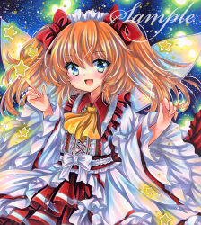 Rule 34 | 1girl, :d, ascot, blue eyes, bow, cowboy shot, dress, embellished costume, fairy wings, frilled dress, frills, hair bow, hands up, index finger raised, long sleeves, looking at viewer, marker (medium), open mouth, orange hair, red bow, red dress, rui (sugar3), sample watermark, smile, solo, star (symbol), sunny milk, touhou, traditional media, two side up, watermark, white dress, wide sleeves, wings, yellow ascot