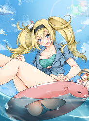 Rule 34 | 2girls, alternate costume, ass, ball, beachball, bikini, blonde hair, blue eyes, blue hair, blue shirt, blue sky, blush, breast pocket, breasts, cleavage, closed eyes, cloud, collarbone, collared shirt, commandant teste (kancolle), day, enemy lifebuoy (kancolle), flying sweatdrops, gambier bay (kancolle), hair between eyes, hairband, hands up, hat, head tilt, highres, holding, holding ball, holding beachball, kantai collection, large breasts, long hair, looking at viewer, multicolored hair, multiple girls, open mouth, outdoors, pocket, red hair, sezok, shirt, short sleeves, sidelocks, sitting, sky, smile, streaked hair, swimsuit, thighs, twintails, wading, water, white hair