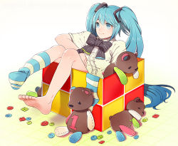 Rule 34 | 1girl, aqua eyes, aqua hair, bad id, bad pixiv id, barefoot, bow, bowtie, box, buttons, feet, hatsune miku, in box, in container, long hair, nagu, single sock, sitting, smile, socks, soles, solo, striped clothes, striped socks, stuffed animal, stuffed toy, teddy bear, toes, twintails, very long hair, vocaloid