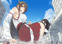 Rule 34 | 1girl, arm support, bare shoulders, black hair, black thighhighs, blush, breasts, car, city, day, destruction, detached sleeves, embarrassed, from below, from side, giant, giantess, haruna (kancolle), headgear, highres, kantai collection, large breasts, long hair, motor vehicle, nontraditional miko, one eye closed, pleated skirt, red skirt, size difference, skirt, sky, solo, sweatdrop, thighhighs, uru (uru0000), wide sleeves