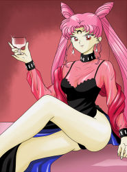 Rule 34 | 1990s (style), aged up, ass, bishoujo senshi sailor moon, bishoujo senshi sailor moon r, black lady (sailor moon), chibi usa, cup, dress, drinking glass, earrings, evil, jewelry, long legs, pink hair, red eyes, retro artstyle, see-through, twintails, wine glass