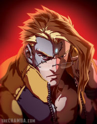 Rule 34 | 1boy, adjusting eyewear, blonde hair, blue eyes, chamba, charlie nash, colored skin, forehead jewel, glasses, gradient background, grey skin, male focus, multicolored skin, open clothes, pompadour, portrait, rimless eyewear, solo, stitches, street fighter, street fighter v, two-tone skin, vest