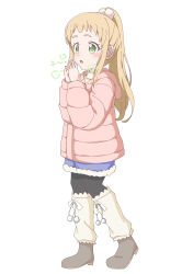 Rule 34 | 1girl, absurdres, black pantyhose, blonde hair, blush, boots, coat, crust gm0, dot nose, green eyes, highres, inose mai, koisuru asteroid, long hair, looking at viewer, open mouth, pantyhose, ponytail, simple background, solo, white background, winter clothes, winter coat