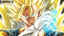 1boy artist_name aura blonde_hair d0rmi_z dragon_ball dragonball_z gloves glowing glowing_eyes green_eyes highres male_focus medium_hair smirk spiked_hair super_saiyan super_saiyan_1 upper_body vegetto white_gloves