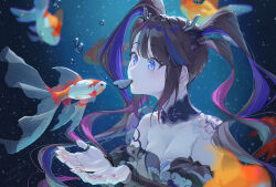 Rule 34 | 1girl, air bubble, airi kanna, antlers, bare shoulders, black choker, blue hair, brown hair, bubble, candy, chocolate, chocolate heart, choker, colored inner hair, detached sleeves, fish, food, goldfish, heart, highres, horns, jewelry, koi, long sleeves, mouth hold, multicolored hair, nyamunyamu, pink hair, puffy long sleeves, puffy sleeves, quad tails, ring, stellive, strapless, streaked hair, underwater, valentine, virtual youtuber