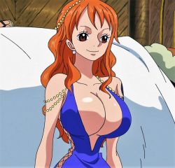 Rule 34 | 1girl, bare shoulders, blue dress, bracelet, breasts, brown eyes, cleavage, curvy, dress, earrings, jewelry, large breasts, long hair, nami (one piece), one piece, orange hair, parted lips, screencap, solo, tagme