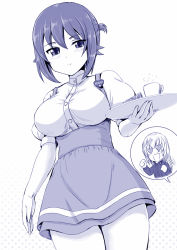 Rule 34 | 10s, 2girls, anna miller, breasts, buttons, character name, clenched hands, commentary request, cowboy shot, cup, dutch angle, food, girls und panzer, heart, heart-shaped eyes, highres, holding, holding tray, itsumi erika, kumoi takashi, large breasts, layered skirt, monochrome, mug, multiple girls, name tag, nishizumi maho, pie, polka dot, polka dot background, puffy short sleeves, puffy sleeves, short hair, short sleeves, skirt, speech bubble, suspender skirt, suspenders, thighs, tray, underbust, waitress