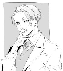 Rule 34 | 1boy, collared shirt, covering own mouth, eyes visible through hair, fingernails, greyscale, hand over own mouth, hatching (texture), jacket, joker game, lapels, linear hatching, long bangs, long sleeves, looking at viewer, male focus, messy hair, miyoshi (joker game), monochrome, necktie, open clothes, open jacket, parted lips, portrait, shi646, shirt, short hair, solo, swept bangs, unfinished, vest, waistcoat