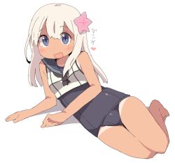 Rule 34 | 1girl, black neckerchief, blonde hair, blouse, blue eyes, blue one-piece swimsuit, blush, crop top, dokan (dkn), flower, full body, hair between eyes, hair flower, hair ornament, hands on ground, heart, kantai collection, legs together, long hair, looking at viewer, lying, navel, neckerchief, one-piece swimsuit, one-piece tan, open mouth, parted bangs, ro-500 (kancolle), sailor collar, school uniform, serafuku, shadow, shirt, simple background, sleeveless, sleeveless shirt, solo, spoken heart, swimsuit, swimsuit under clothes, tan, tanline, white background, white shirt