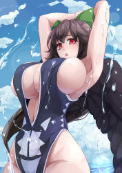 Rule 34 | 1girl, :o, armpits, arms up, bad id, bad pixiv id, black hair, black wings, blue sky, bow, breasts, bursting breasts, cleavage, cloud, cloudy sky, cowboy shot, curvy, day, green bow, groin, hair bow, highres, huge breasts, looking at viewer, midriff, navel, one-piece swimsuit, open mouth, outdoors, poini (king-scarlet-dead), red eyes, reiuji utsuho, sideboob, skindentation, sky, solo, standing, swimsuit, touhou, wet, wide hips, wings