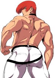 Rule 34 | 1boy, absurdres, ass, back, bara, belt, beniazumaru, black belt, black choker, choker, closed mouth, highres, large pectorals, looking back, male focus, muscular, muscular male, pants, pectorals, red eyes, red hair, short hair, solo, the king of fighters, topless male, white pants, yagami iori