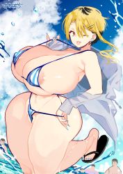 Rule 34 | 1girl, areola slip, beach, bikini, blonde hair, breasts, highres, huge breasts, inui achu, micro bikini, multicolored hair, nail polish, one eye closed, sandals, solo, swimsuit, thick thighs, thighs, thong, veins, veiny breasts, water, wide hips, wink