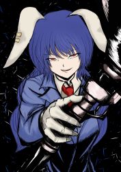 Rule 34 | 1girl, animal ears, black background, blue hair, blue suit, collared shirt, earclip, floppy ears, formal, gloves, hair between eyes, highres, holding, holding weapon, jacket, long hair, looking at viewer, mallet, rabbit ears, red eyes, seiran (touhou), shirt, simple background, smile, solo, suit, suit jacket, touhou, upper body, weapon, weedhollow (dokuran)