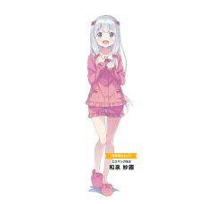 Rule 34 | 1girl, :d, blue eyes, bow, character name, clenched hand, copyright name, eromanga sensei, full body, hair bow, izumi sagiri, long hair, looking at viewer, low-tied long hair, open mouth, pajamas, pink bow, pink slippers, shorts, silver hair, simple background, slippers, smile, solo, standing, transparent background, twintails