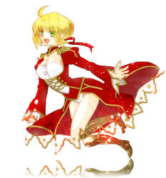 Rule 34 | 10s, 1girl, ahoge, armor, bad id, bad pixiv id, blonde hair, breasts, cleavage, dress, epaulettes, fate/extra, fate (series), greaves, green eyes, hair ribbon, medium breasts, nero claudius (fate), nero claudius (fate) (all), nero claudius (fate/extra), panties, ribbon, see-through, solo, terimayo (sonnne farbe), underwear