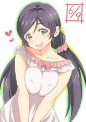 Rule 34 | 1girl, :d, bow, bowtie, breasts, breasts squeezed together, collarbone, commentary request, covered erect nipples, dated, dress, duke (inu daimyou), frilled dress, frills, green outline, hair ornament, hair scrunchie, heart, large breasts, long hair, looking at viewer, love live!, love live! school idol festival, love live! school idol project, open mouth, outline, pink bow, pink bowtie, pink dress, pink scrunchie, purple hair, round teeth, scrunchie, smile, solo, teeth, tojo nozomi, twintails, upper body, upper teeth only, white background