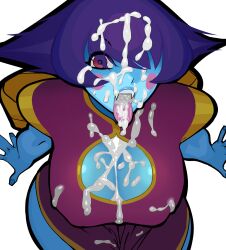 Rule 34 | 1girl, blue skin, blush stickers, breasts, colored skin, covered erect nipples, cum, cum in mouth, cum on body, cum on breasts, cum on hair, cum on upper body, facial, facing viewer, fangs, from above, hair over one eye, highres, jiangshi, large breasts, lei lei, looking at viewer, no headwear, one eye closed, open mouth, purple hair, red eyes, solo, tongue, tongue out, vampire (game), white background, zillionaire