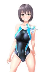 Rule 34 | 1girl, absurdres, black one-piece swimsuit, breasts, brown eyes, clock, clothes writing, commentary request, competition swimsuit, contrapposto, covered navel, cowboy shot, goggles, grey hair, grin, groin, highres, large breasts, looking at viewer, multicolored clothes, multicolored swimsuit, one-piece swimsuit, original, short hair, simple background, smile, solo, striped clothes, striped one-piece swimsuit, swimsuit, takafumi, unworn goggles, unworn swim cap, white background