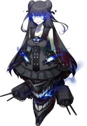 Rule 34 | 10s, 1girl, abyssal ship, akira (kadokawa), black hair, blue eyes, breasts, character request, colored skin, double bun, full body, gothic lolita, grin, kantai collection, large breasts, light cruiser oni, lolita fashion, long hair, looking at viewer, machinery, official art, smile, solo, transparent background, turret, white skin