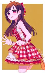 Rule 34 | 1girl, :d, absurdres, antenna hair, blunt ends, blush, bow, brown hair, cropped legs, dress, earrings, hair bow, highres, idolmaster, idolmaster cinderella girls, idolmaster cinderella girls starlight stage, jewelry, looking at viewer, open mouth, petticoat, plaid, plaid dress, red eyes, simple background, sleeveless, sleeveless dress, smile, solo, tsuchi (sh spica1), tsujino akari, twisted torso, two-tone background, two-tone dress, wrist cuffs