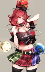 Rule 34 | 1girl, absurdres, bare shoulders, belt, black collar, black shirt, black thighhighs, breasts, chain, cleavage, clothes writing, collar, cowboy shot, earrings, earth (ornament), grey background, hat, hecatia lapislazuli, highres, jewelry, lips, long hair, looking at viewer, midriff, miniskirt, moon (ornament), multicolored clothes, multicolored skirt, navel, off-shoulder shirt, off shoulder, pointy ears, raptor7, red eyes, red hair, see-through, shirt, simple background, skirt, skull, smile, solo, t-shirt, thighhighs, touhou