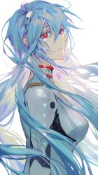 Rule 34 | 1girl, absurdres, ayanami rei, blue hair, bodysuit, breasts, chohyojeong, closed mouth, evangelion: 3.0+1.0 thrice upon a time, floating hair, from side, highres, interface headset, light smile, long hair, looking at viewer, looking to the side, medium breasts, neon genesis evangelion, plugsuit, rebuild of evangelion, red eyes, simple background, solo, symbol-shaped pupils, upper body, white background, white bodysuit