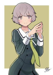 Rule 34 | 1girl, absurdres, border, brown background, brown eyes, closed mouth, collarbone, commentary request, contrapposto, dress, green dress, green neckerchief, grey hair, heijou institute school uniform, highres, iwakura sanae, long sleeves, looking at viewer, neckerchief, okaka factory, outside border, own hands together, sailor collar, school uniform, short hair, sleeve cuffs, smile, solo, standing, toji no miko, upper body, white border, white sailor collar