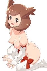 Rule 34 | 1girl, alternate costume, ass, bianca (pokemon heroes), blush, breasts, brown eyes, brown hair, collarbone, commentary request, creatures (company), elbow gloves, eyelashes, fingerless gloves, from side, game freak, gloves, highres, kohsaka jun, nintendo, nipples, nude, open mouth, own hands together, pokemon, pokemon (anime), pokemon (classic anime), pokemon heroes: latios &amp; latias, shiny skin, sitting, smile, solo, thighhighs, tongue, wariza, white background, white gloves, white thighhighs