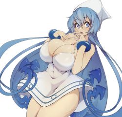 Rule 34 | 1girl, aged up, alternate breast size, bare shoulders, blue eyes, blue hair, bracelet, breasts, cleavage, commentary, covered navel, dress, english commentary, hair between eyes, hat, highres, huge breasts, ikamusume, jewelry, long hair, looking at viewer, open mouth, paid reward available, shinryaku! ikamusume, simple background, slugbox, solo, squid hat, symbol-only commentary, tentacle hair, white background, white dress, white hat